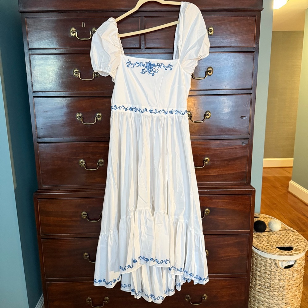 Caroline Constas Hayden Embroidered Cap Sleeve Midi Dress White/Blue Size L